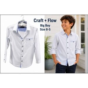 Craft + Flow Boys Size 8-S White Button Down Shirt Long Sleeve Blue Trim